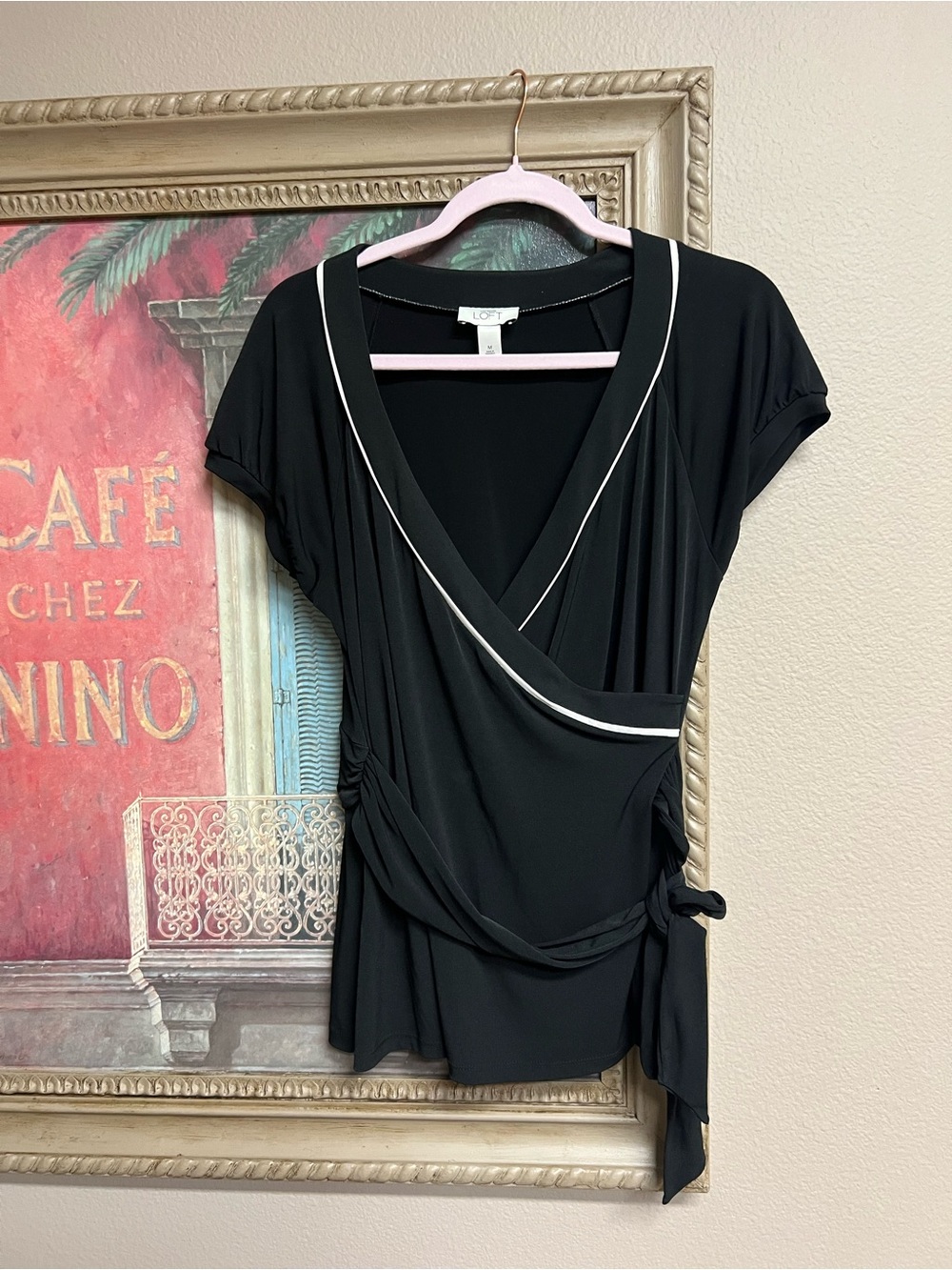 LOFT Black Wrap Short-Sleeve Top with White Piping